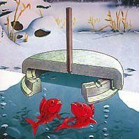 Isfri hætte. Benyt eventuelt en alm. flamingokasse, hvor du fjerner bunden og beholder låget. Skal lægges ud på vandet inden isen fryser. Nu kan ilt trænge ned i vandet.