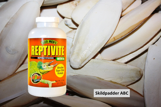 Sepiaskaller og ReptiVite indeholder alle vitaminer, mineraler og kalk dine skildpadder behøver.