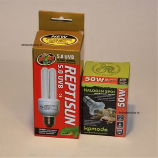 Godt sæt pærer: Reptisun UVB 5,0 13w Halogen varmepærer 50w. www.SkildpaddeShop.dk