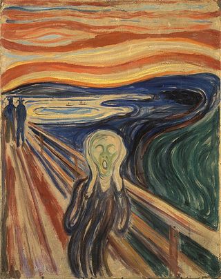 Skriget. Af Edvard Munch, der var kendt for at lide af angst og hallucinationer.
Mere om Edvard Munch længere nede på siden.